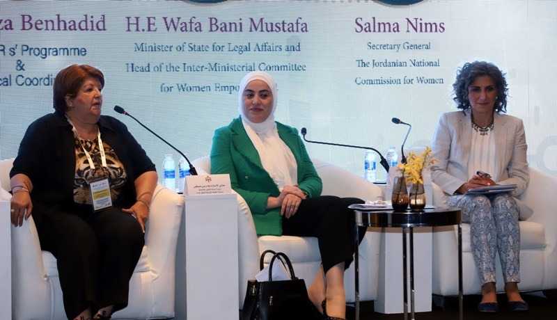 Minister of State for Legal Affairs and Head of the Inter-Ministerial Committee for Women Empowerment Wafa Bani Mustafa (centre) takes part in a symposium held by the Centre of Arab Women for Training and Research (Petra photo)